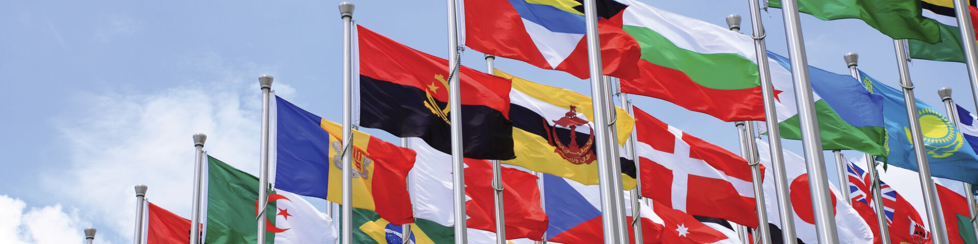 Group of international flags on a blue sky background
