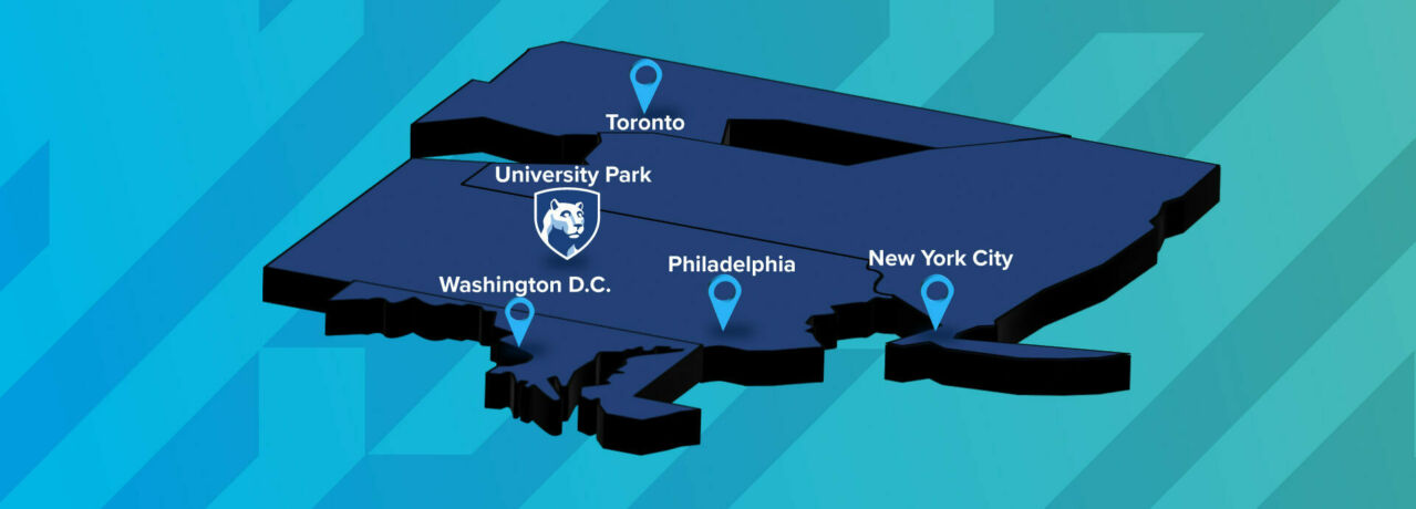 Three dimensional map of Maryland, Pennsylvania, New York, Ontario, indicating the proximity of University Park to major metropolitan areas.