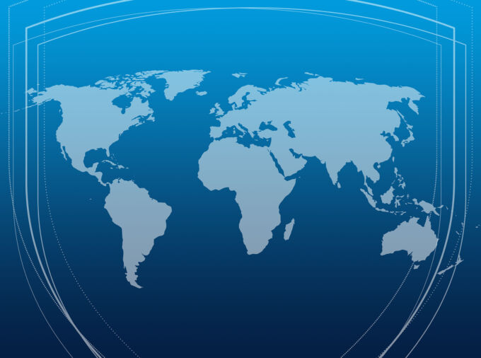 World map enclosed by the Penn State community shield on a blue gradient background