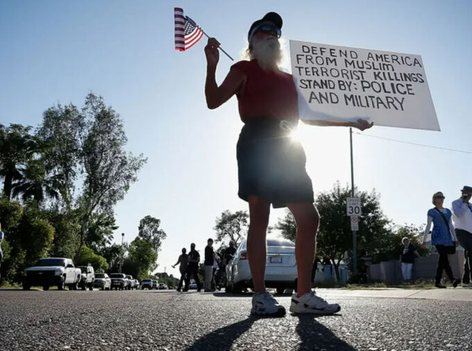 A protester outside the Islamic Community Center on May 29, 2015 in Phoenix, Arizona.