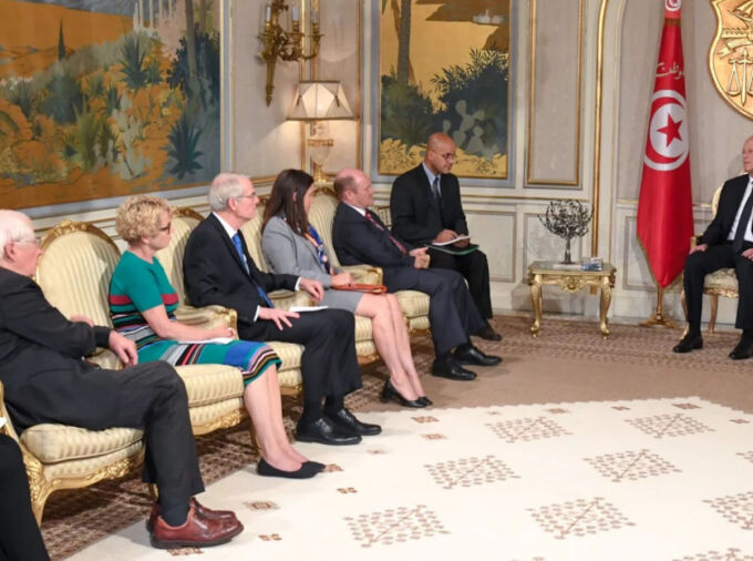 Tunisian President Kais Saied, right, meets the US delegation at Carthage Palace.