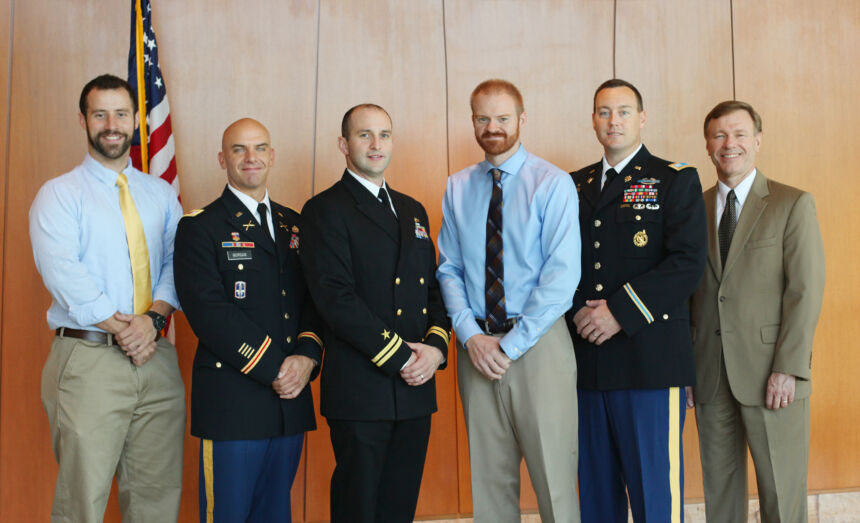 From left to right: Brian Milhoan, Jeffrey Morgan, Jason Gibson, Nathan Lawrence, Jason Isgrigg, and Interim Dean James Houck